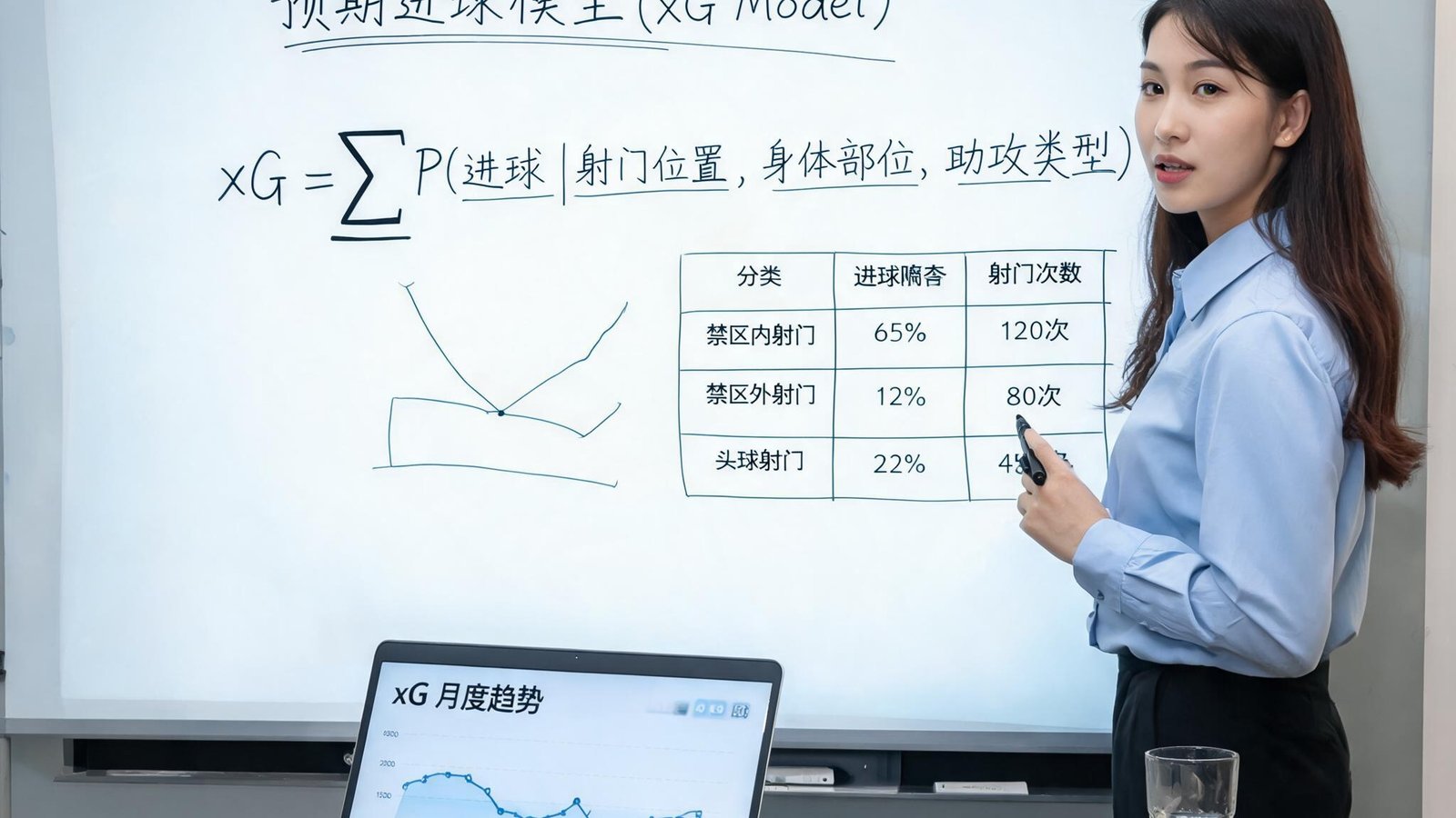数据分析师陈雨在白板上推导预期进球模型，周围是各种数据表格和笔记本电脑